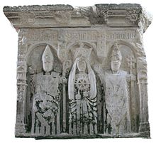 St. Carthage, on left, alongside St. Catherine and St. Patrick, in the  Lismore (Ireland)  cathedral of St. Carthage. Photo by Andreas F. Borchert