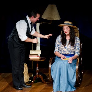 Charlie Chaplin (Dan Walls) teaching the art of silent film acting to Gerty  (Sarah Plummer). Photo by Bernard Peasley.