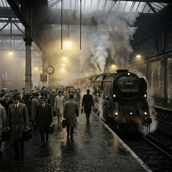 Steam train Fighter Pilot at Waterloo Station platform with commuters
